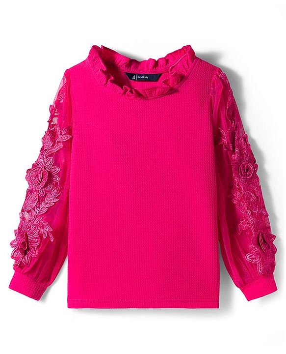 Pine Kids Woven Full Sleeves Top with Floral Embroidery - Dark Pink