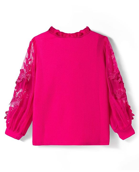 Pine Kids Woven Full Sleeves Top with Floral Embroidery - Dark Pink