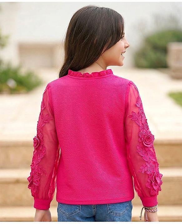 Pine Kids Woven Full Sleeves Top with Floral Embroidery - Dark Pink