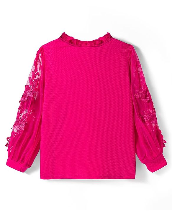 Pine Kids Woven Full Sleeves Top with Floral Embroidery - Dark Pink