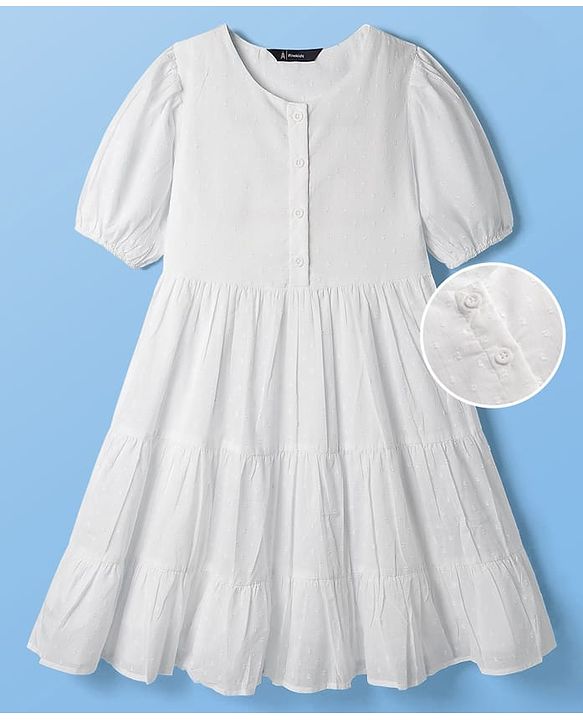 Pine Kids Cotton Woven Half Sleeves Frock with Swiss Dots - White