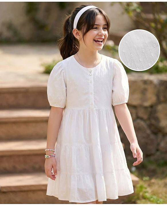 Pine Kids Cotton Woven Half Sleeves Frock with Swiss Dots - White