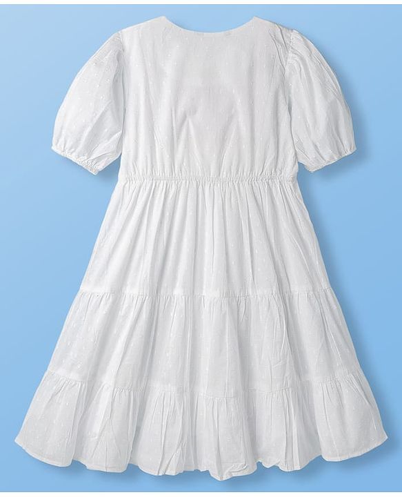 Pine Kids Cotton Woven Half Sleeves Frock with Swiss Dots - White