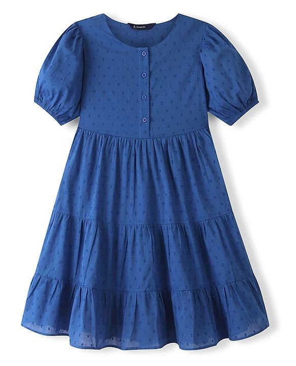 Pine Kids Cotton Woven Half Sleeves Frock with Texture Design -  Navy