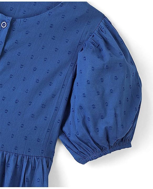 Pine Kids Cotton Woven Half Sleeves Frock with Texture Design -  Navy