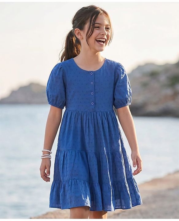 Pine Kids Cotton Woven Half Sleeves Frock with Texture Design -  Navy