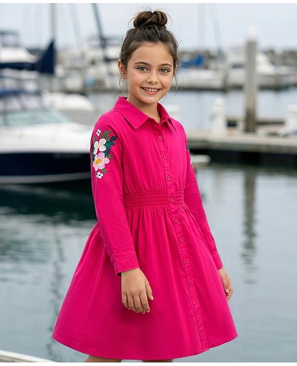 Pine Kids Cotton Woven Full Sleeves Frock With Floral Embroidery - Fuchsia