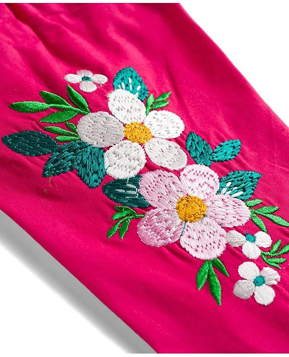 Pine Kids Cotton Woven Full Sleeves Frock With Floral Embroidery - Fuchsia