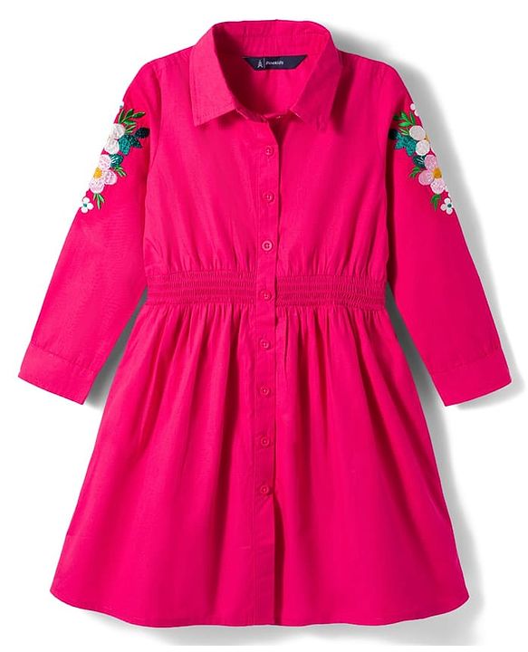 Pine Kids Cotton Woven Full Sleeves Frock With Floral Embroidery - Fuchsia