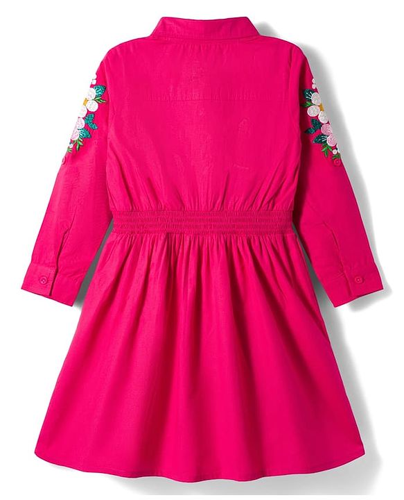 Pine Kids Cotton Woven Full Sleeves Frock With Floral Embroidery - Fuchsia