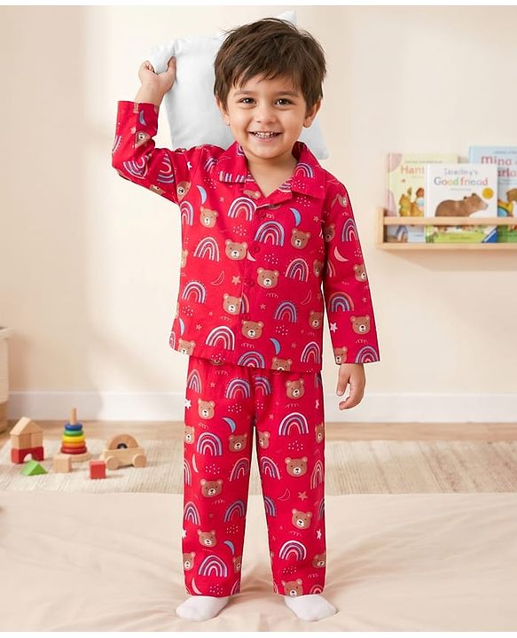 Babyhug Cotton Woven Full Sleeves Co-ord Night Suit With Teddy Bear & Unicorn Print - Red