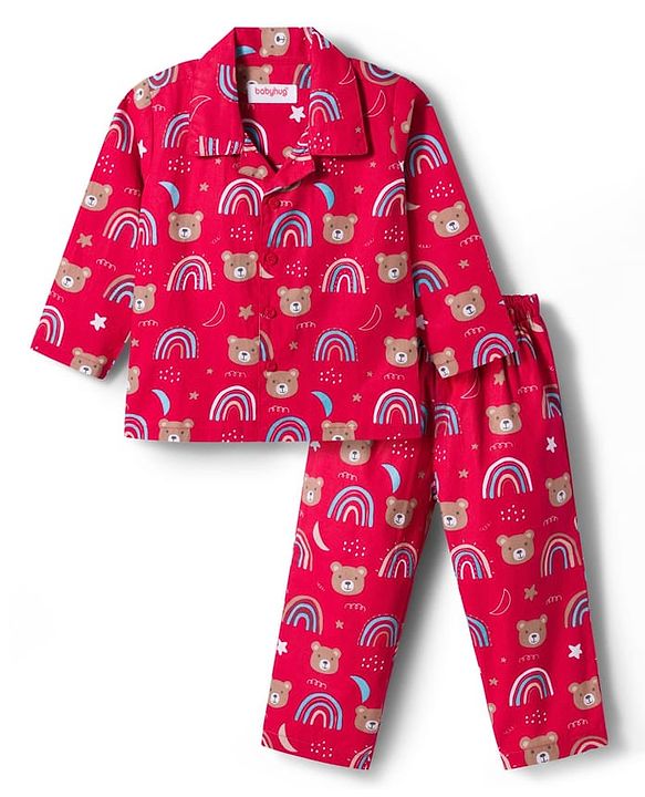 Babyhug Cotton Woven Full Sleeves Co-ord Night Suit With Teddy Bear & Unicorn Print - Red