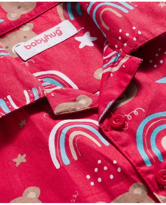 Babyhug Cotton Woven Full Sleeves Co-ord Night Suit With Teddy Bear & Unicorn Print - Red