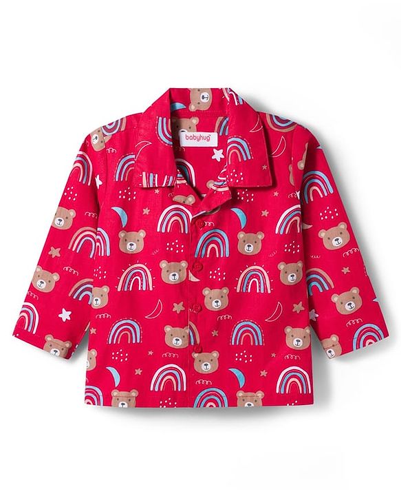 Babyhug Cotton Woven Full Sleeves Co-ord Night Suit With Teddy Bear & Unicorn Print - Red
