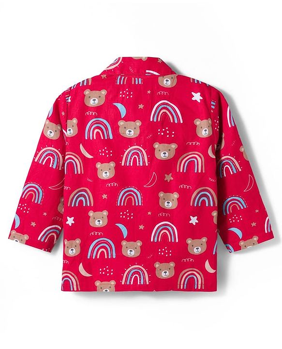Babyhug Cotton Woven Full Sleeves Co-ord Night Suit With Teddy Bear & Unicorn Print - Red