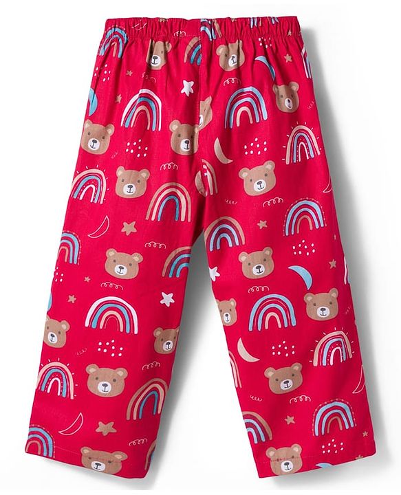 Babyhug Cotton Woven Full Sleeves Co-ord Night Suit With Teddy Bear & Unicorn Print - Red
