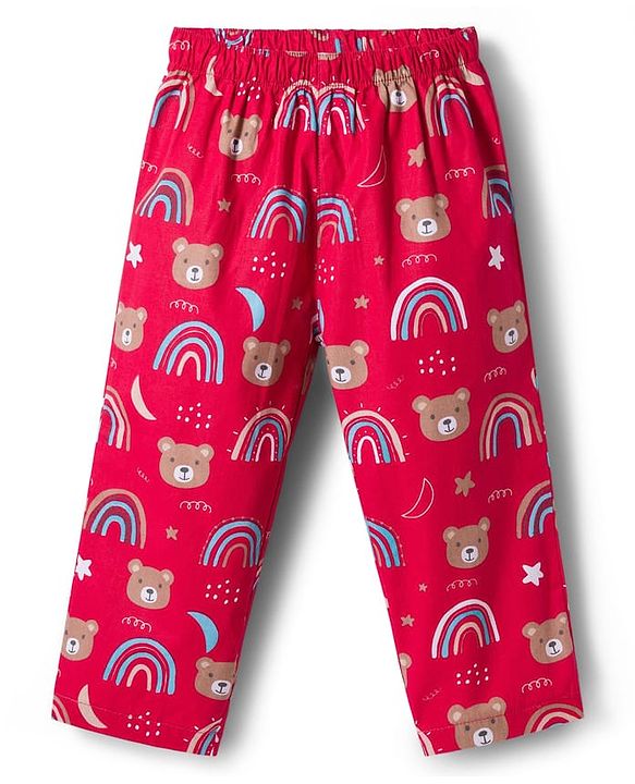 Babyhug Cotton Woven Full Sleeves Co-ord Night Suit With Teddy Bear & Unicorn Print - Red