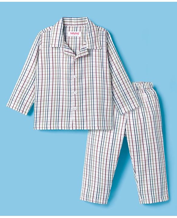 Babyhug Cotton Woven Full Sleeves Checks Co-ord Night Suit - White
