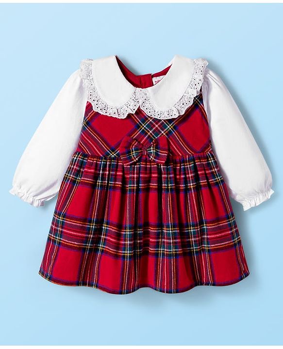 Babyhug Cotton Woven Full Sleeves Checkered Frock with Bow Applique - Red