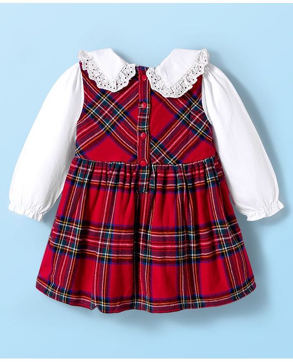Babyhug Cotton Woven Full Sleeves Checkered Frock with Bow Applique - Red