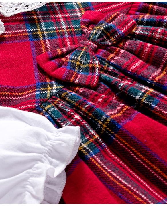 Babyhug Cotton Woven Full Sleeves Checkered Frock with Bow Applique - Red