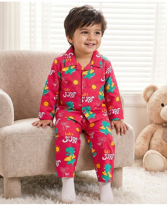 Babyhug Cotton Woven Full Sleeves Co-ord Night Suit With Dino Print - Red