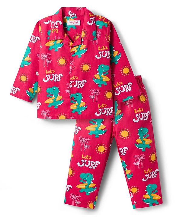 Babyhug Cotton Woven Full Sleeves Co-ord Night Suit With Dino Print - Red