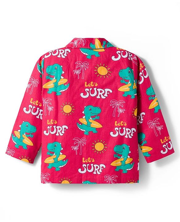 Babyhug Cotton Woven Full Sleeves Co-ord Night Suit With Dino Print - Red