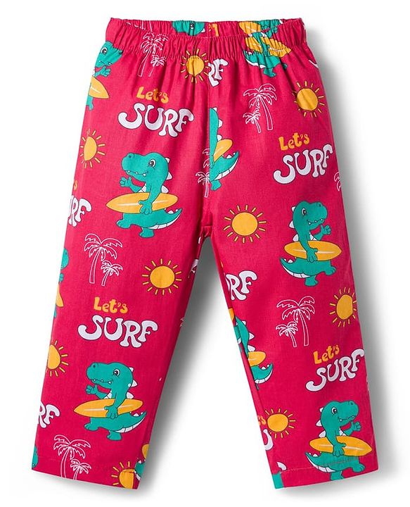 Babyhug Cotton Woven Full Sleeves Co-ord Night Suit With Dino Print - Red