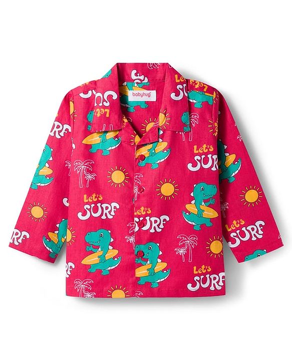 Babyhug Cotton Woven Full Sleeves Co-ord Night Suit With Dino Print - Red