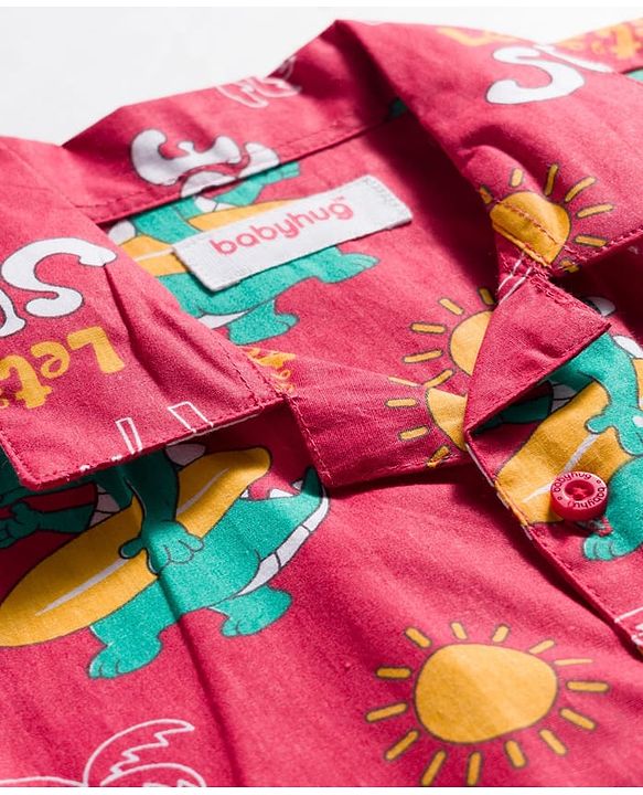 Babyhug Cotton Woven Full Sleeves Co-ord Night Suit With Dino Print - Red