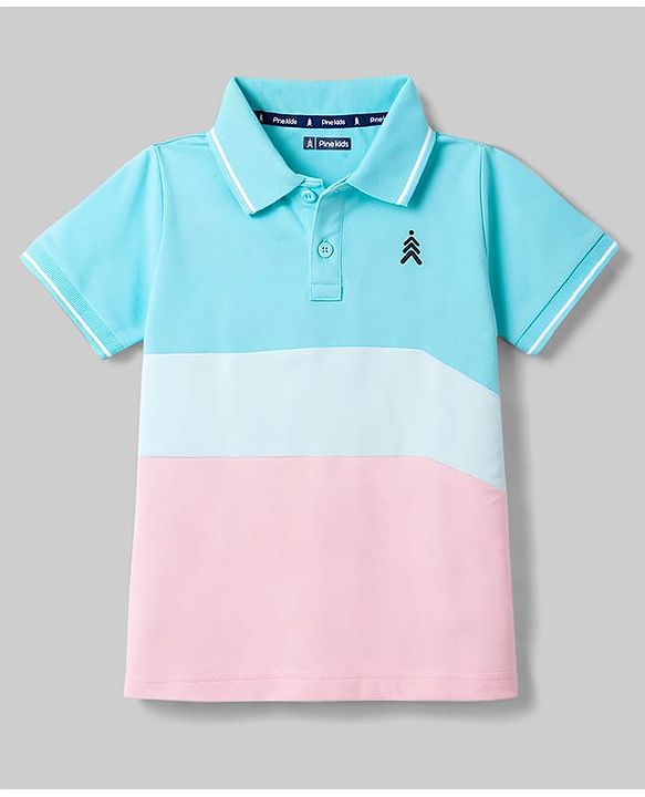 Pine Kids Cotton Knit Half Sleeves Polo T-Shirt with Colour Block Design & Dino Print in Back - Aqua & Pink