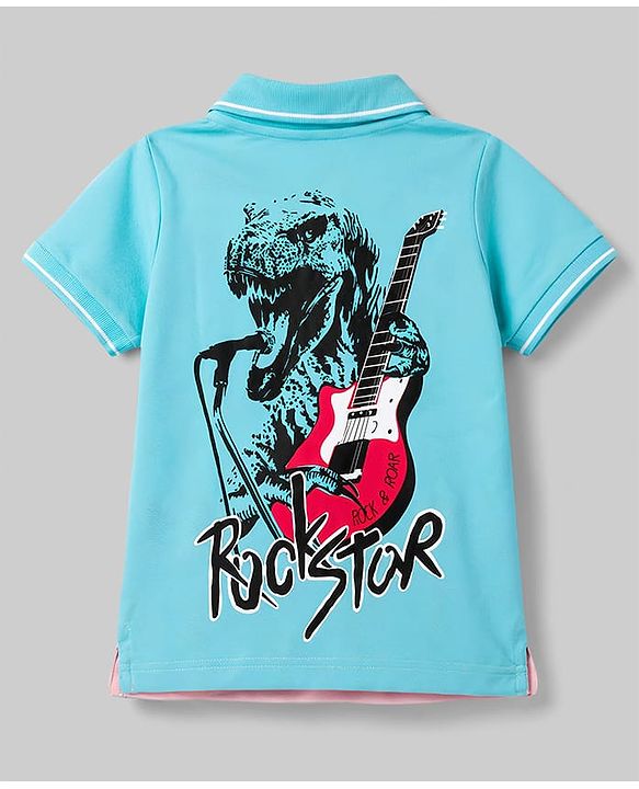 Pine Kids Cotton Knit Half Sleeves Polo T-Shirt with Colour Block Design & Dino Print in Back - Aqua & Pink