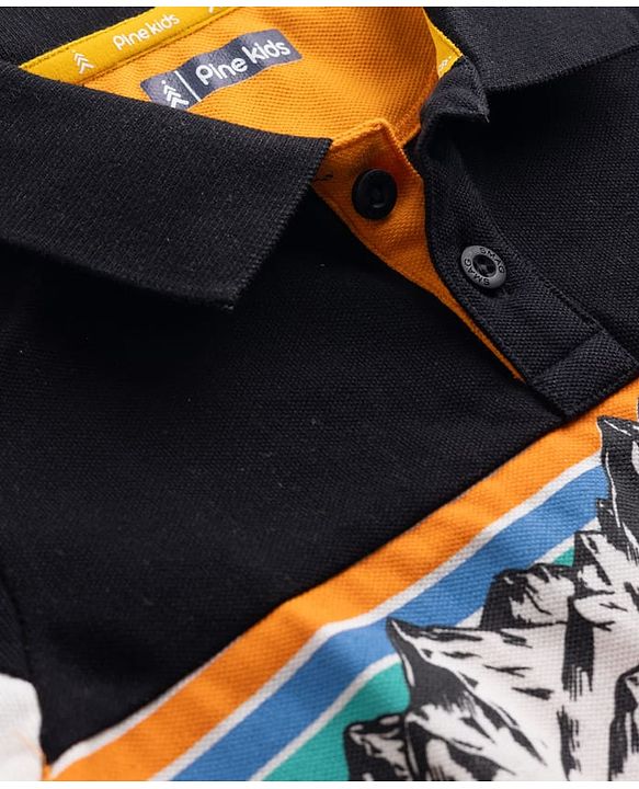 Pine Kids Cotton Knit Half Sleeves Polo T-Shirt with Adventure Print- Mustard