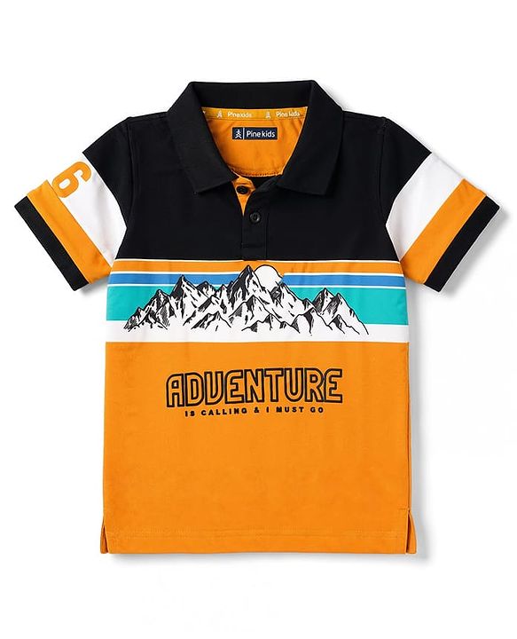 Pine Kids Cotton Knit Half Sleeves Polo T-Shirt with Adventure Print- Mustard