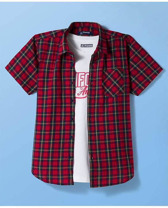 Pine Kids Cotton Woven Half Sleeves Checkered Shirt with Inner Tee - Red