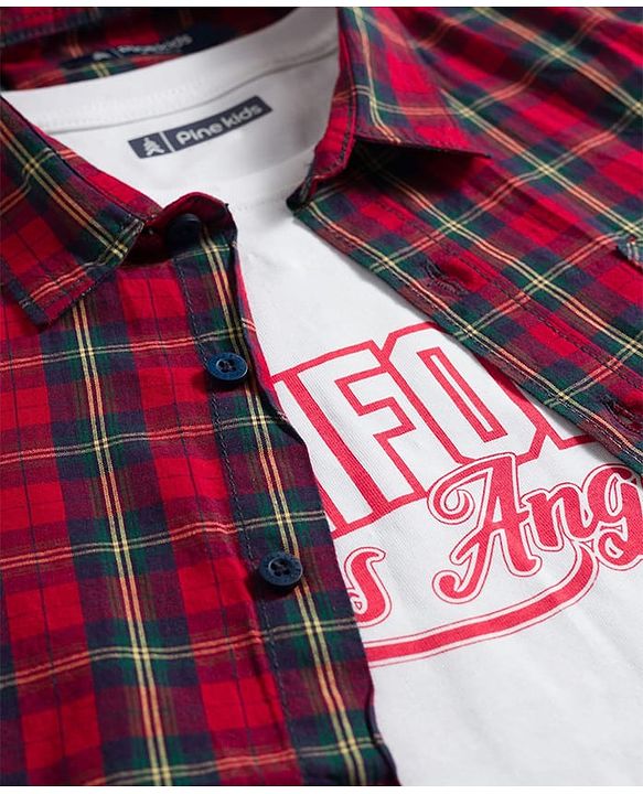 Pine Kids Cotton Woven Half Sleeves Checkered Shirt with Inner Tee - Red