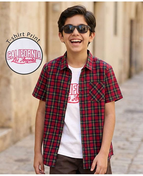 Pine Kids Cotton Woven Half Sleeves Checkered Shirt with Inner Tee - Red