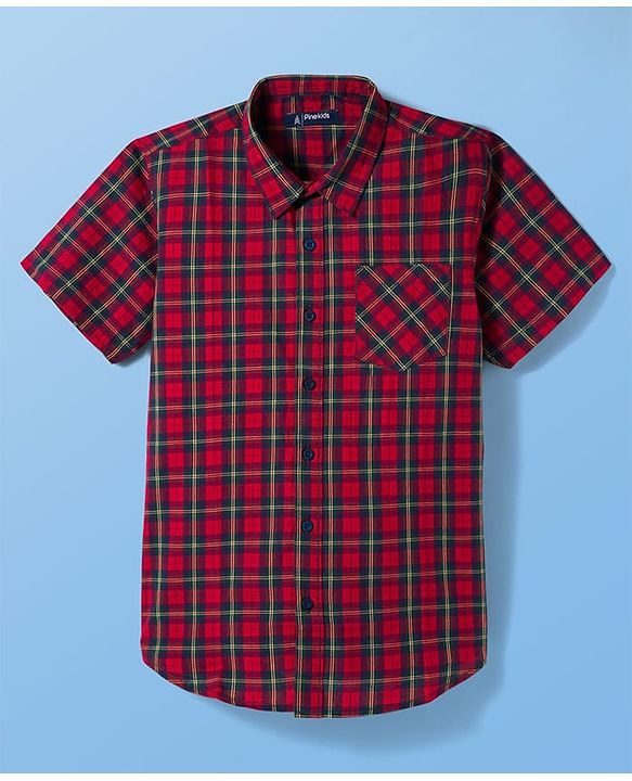 Pine Kids Cotton Woven Half Sleeves Checkered Shirt with Inner Tee - Red