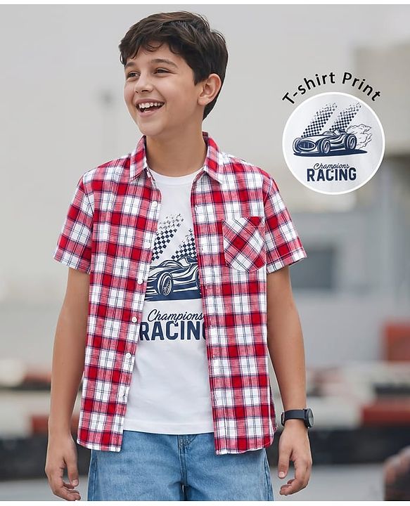 Pine Kids Cotton Woven Half Sleeve Checked Shirt & Inner Tee with Racing Graphic - Multicolor