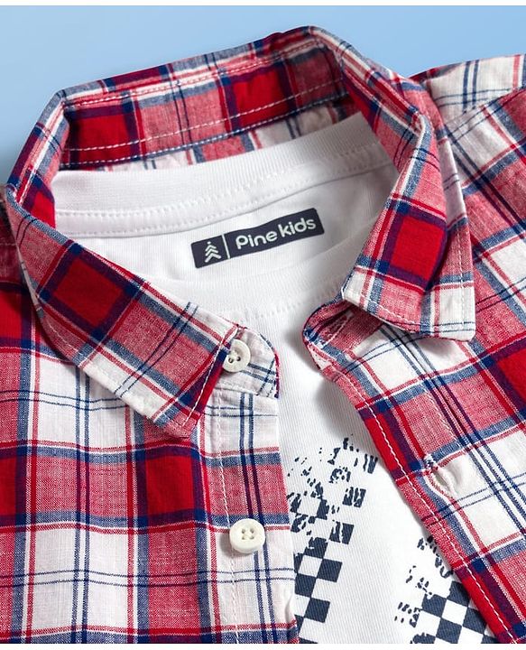 Pine Kids Cotton Woven Half Sleeve Checked Shirt & Inner Tee with Racing Graphic - Multicolor
