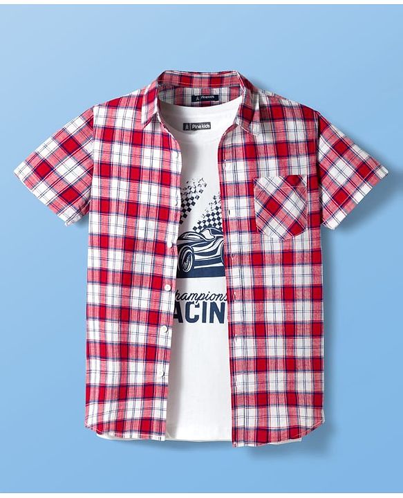 Pine Kids Cotton Woven Half Sleeve Checked Shirt & Inner Tee with Racing Graphic - Multicolor