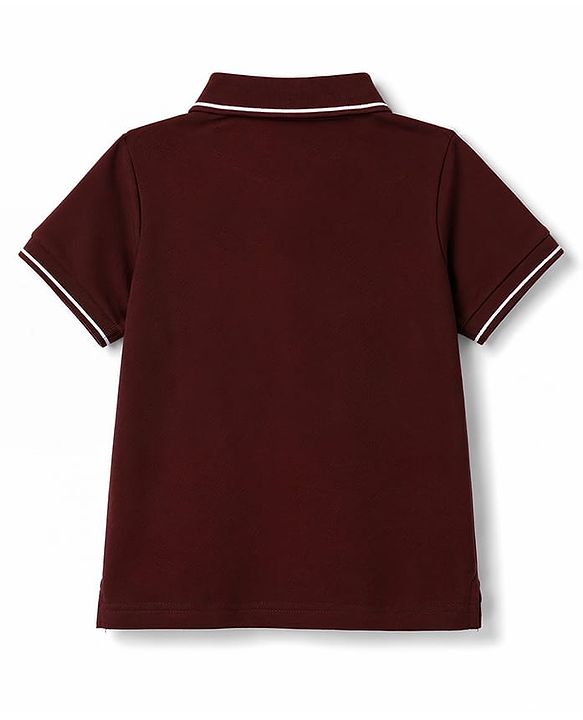 Pine Kids Cotton Knit Half Sleeves Polo T-Shirt with Colour Block Design & Text Print - Brown