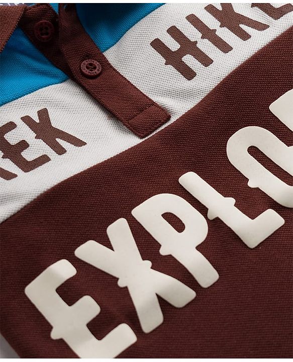 Pine Kids Cotton Knit Half Sleeves Polo T-Shirt with Colour Block Design & Text Print - Brown