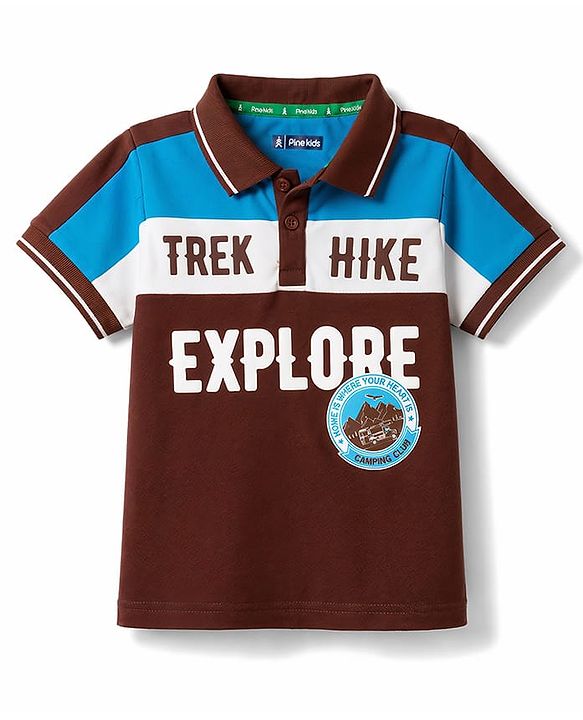 Pine Kids Cotton Knit Half Sleeves Polo T-Shirt with Colour Block Design & Text Print - Brown