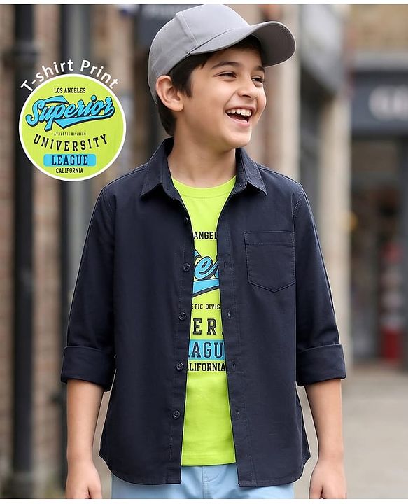 Pine Kids Cotton Woven Full Sleeves Shirt With Text Printed T-Shirt - Navy Blue