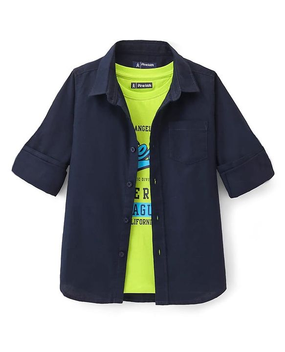 Pine Kids Cotton Woven Full Sleeves Shirt With Text Printed T-Shirt - Navy Blue