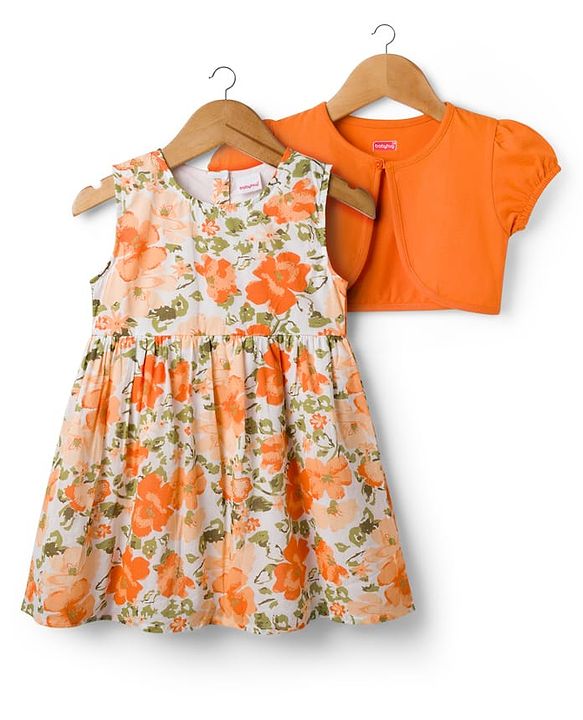 Babyhug Cotton Woven Floral Printed Frock with Half Sleeves Shrug - Orange