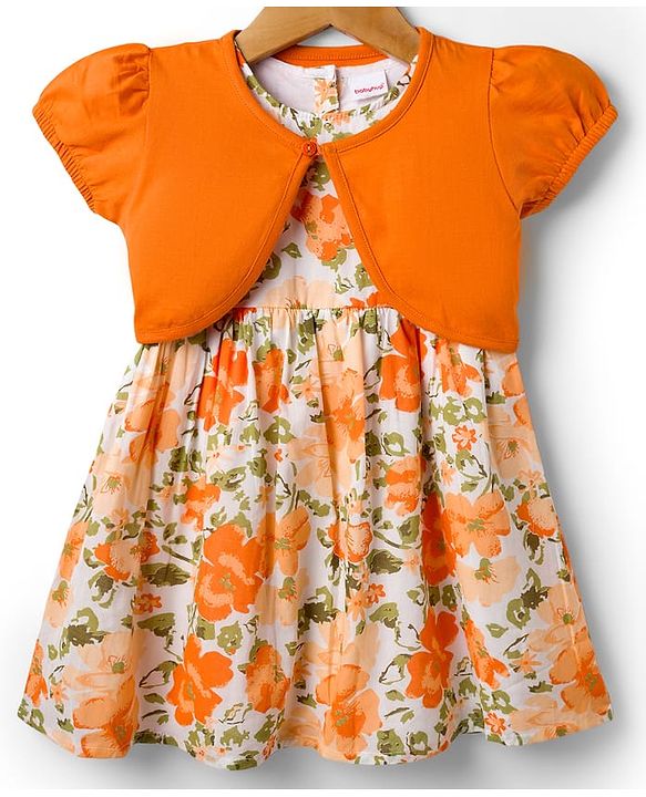 Babyhug Cotton Woven Floral Printed Frock with Half Sleeves Shrug - Orange