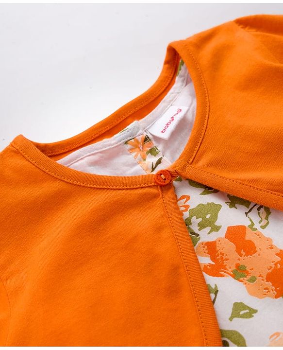 Babyhug Cotton Woven Floral Printed Frock with Half Sleeves Shrug - Orange